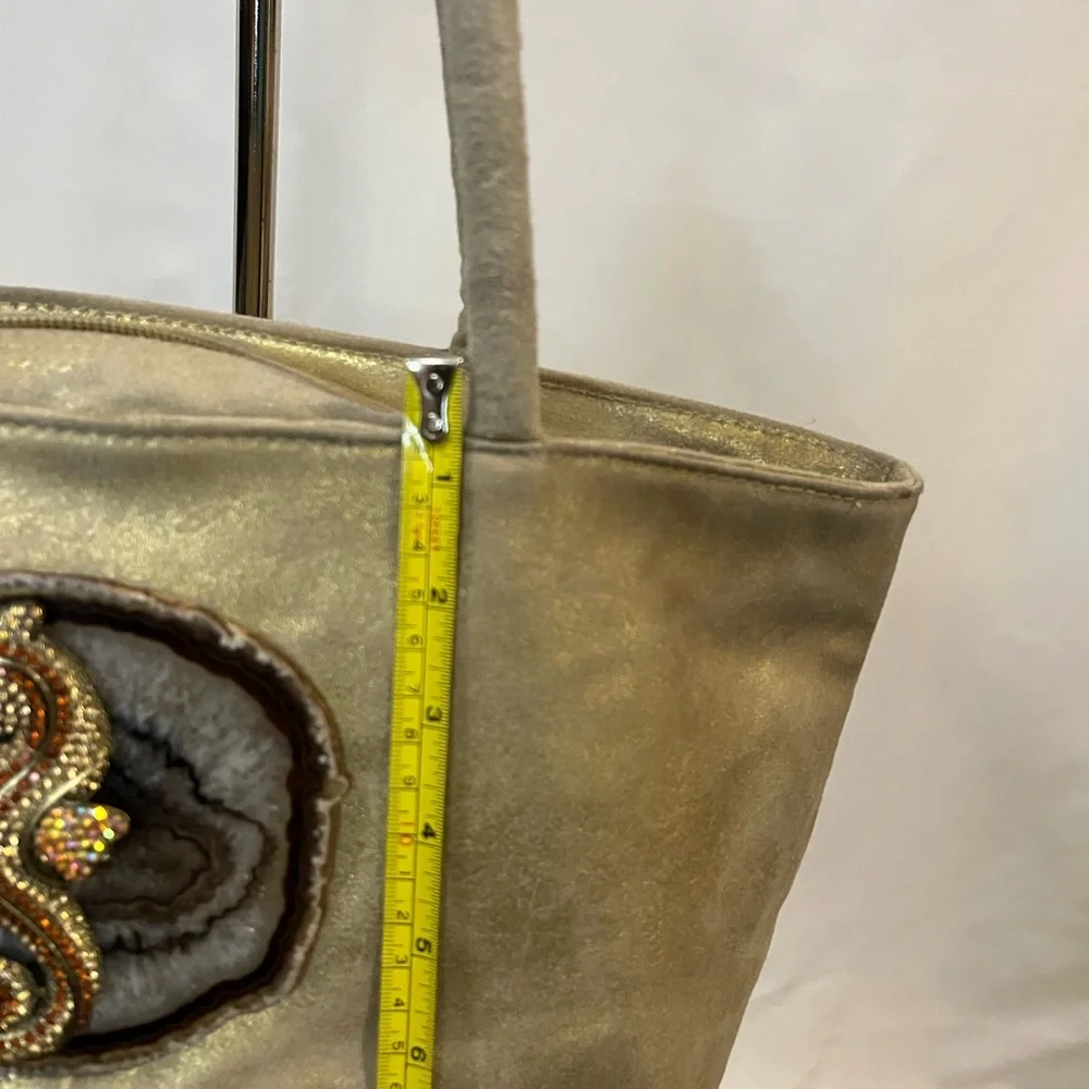 Gold Tote Bag Seahorse and Agate Slice detail. Embellished by Lynn Rosencrantz